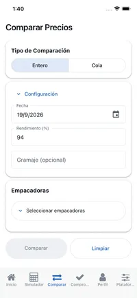 Comparación de precios entre empacadoras en la app móvil