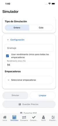 Simulador de precios en la app móvil
